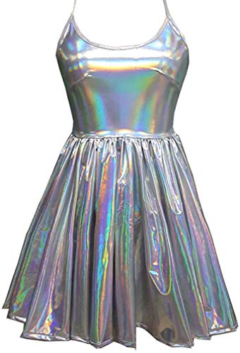 Going Out Dress for Women Rave Outfits Summer Musical Festival Clothes Holographic Wrap Circle Skater Dress(XL, 8069SR) Silver