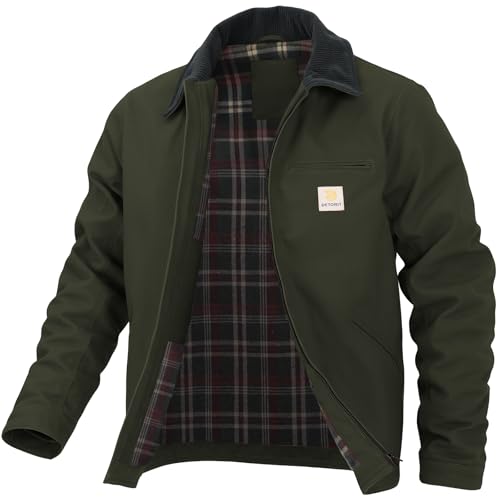 Elainone Autumn and Winter Jacket Men's Wide Transition Jacket 100% Cotton Canvas Cover Detroit Work Jacket, Green (moss green), L