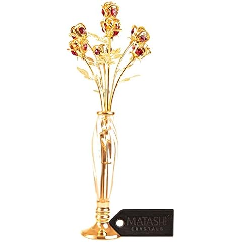 24K Gold Dipped Crystal Studded Rose Bouquet in an Elegant Vase, Beautiful Flower Ornament Crafted with Stunning Crystals, Great Gift for Mother’s Day, by Matashi Cover