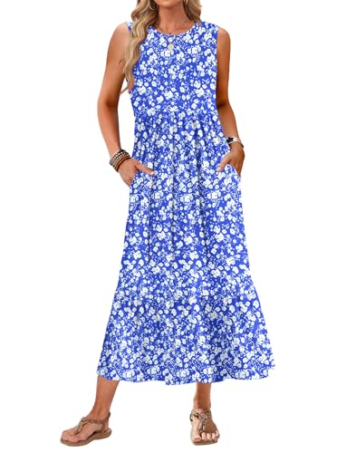AUSELILY Womens Summer Dresses 2025 Sleeveless Maxi Dress Crewneck Casual Flowy Tiered Sundresses with Pockets