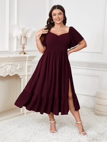 SCOMCHIC Womens Plus Size Wedding Guest Cocktail Dresses Sweetheart Neckline Short Sleeve Smocked Ruffle Slit Maxi Dress2