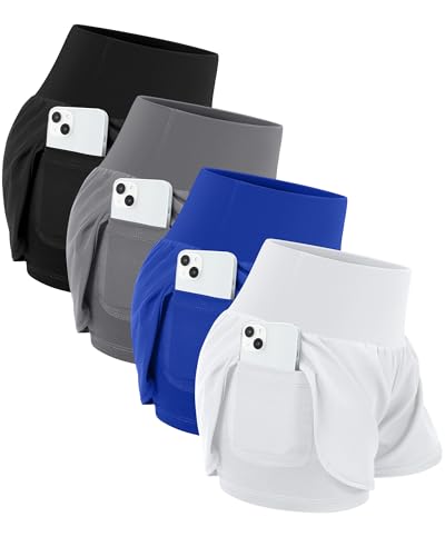 Coume 4 Pack Women's 2 in 1 Running Shorts with Pockets High Waist Lightweight Quick Dry Workout Athletic Shorts for Gym Yoga