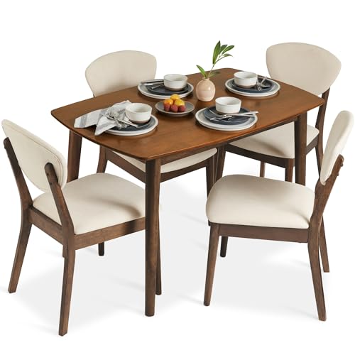 Best Choice Products 5-Piece Dining Set, Compact Mid-Century Modern Table & Chair Set for Home, Apartment w/ 4 Chairs, Padded Seats & Backrests, Wooden Frame - Walnut/Cream
