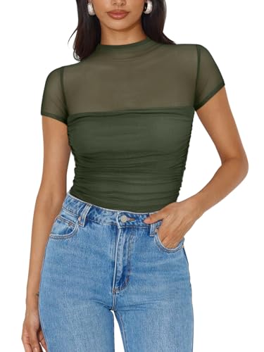 Image of REORIA Women's Sexy Mock Turtle Neck Short Sleeve Shirts Sheer Mesh Ruched Trendy Going Out Bodysuits Tops