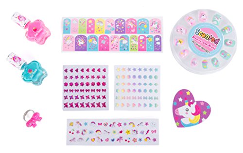 Hot Focus Scented Nail Boutique – 168 Piece Unicorn Nail Art Kit Includes Press On Nails, Nail Patches, Nail Stickers, Nail Polishes, Nail File And Ring – Non-Toxic Water Based Peel Off Nail Polish #TOP1