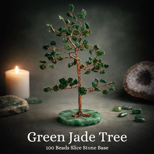 Image of REMEDYWALA Charged Green Jade Crystal Tree with Agate Slice Base for Reiki Healing (100 Beads)