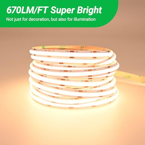 Image of JOYLIT 24V COB LED Strip Lights 16.4FT /5M 288LEDs /M 3000K Warm White, UL Premium 6W /FT 10500LM Super Bright Dimmable LED Tape CRI 92, 120 Degree Beam Angle Light Strip Without Dots (No Power Supply)