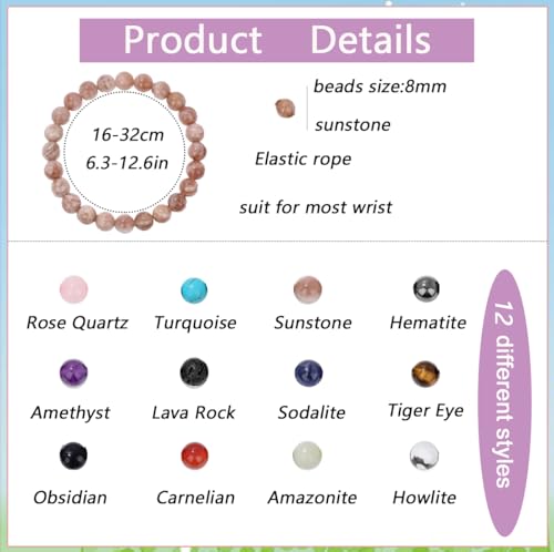 SAMOCO 12Pcs Crystal Stone Beaded Bracelets for Women Men Semi-Precious Gemstones Bracelets Crystal Beaded Bracelet Unisex Adjustable Stretch Bracelets 8MM4