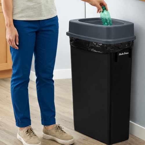 Image of PLASTIC PRINCE 23 Gallon Slim Trash Can with Swing Lid Commercial Rectangular Garbage Can with Drop Shot Lid Waste Bin with Double Flip Top for Restaurant Home Kitchen Office, Black /Gray 2 Pack