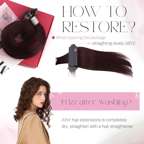 Image of Moresoo U Tip Hair Extensions Human Hair, Wine Red, 20 Inch | 50g 50 strands, hot fusion keratin tips, long straight styles, vibrant burgundy finish, date night styling
