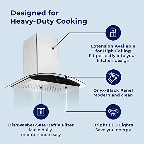 Hauslane | Chef Series Range Hood 30" Wm-639 Wall Mount Range Hood | Contemporary Stainless Steel Tempered Glass Stove Ventilation | 3 Speed, Touch Control, Baffle Filters| Vented Or Ductless #TOP1