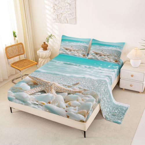 Image of jejeloiu Summer Beach Bed Sheets Set King Size Sea Bed Set for Kids Boys Girls Ocean Deep Pocket Fitted Sheet Starfish Breathable Soft Lightweight Microfiber