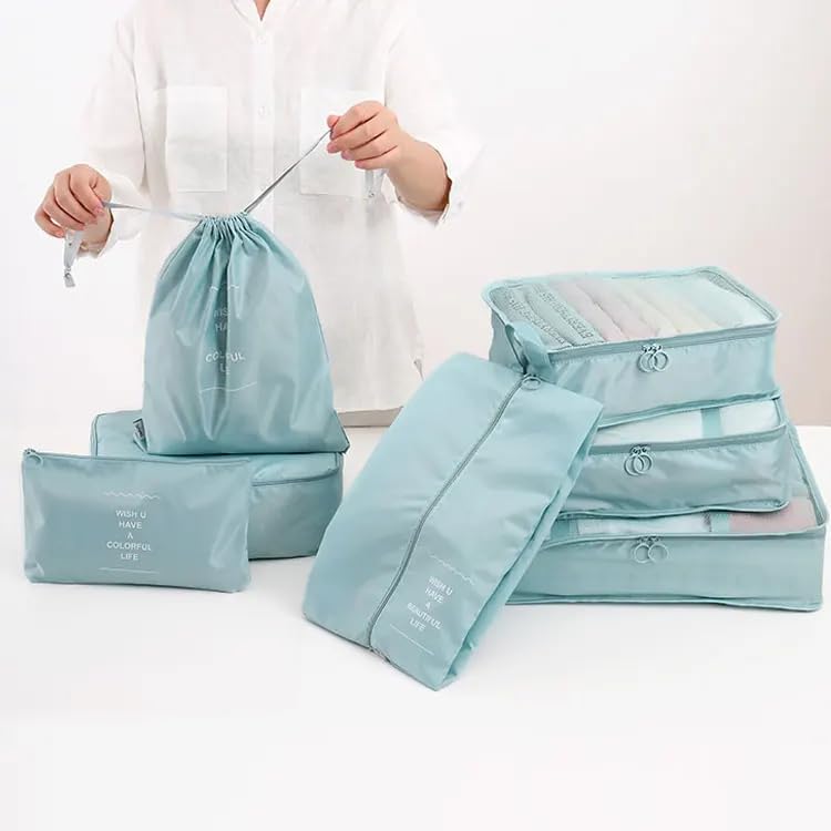 Image of 7 Pcs Foldable Luggage and Laundry Bag Pouch Waterproof Travel Toiletry Organizer Garment Storage Bag Portable Packing Cubes Storage Bag (SKY BLUE)