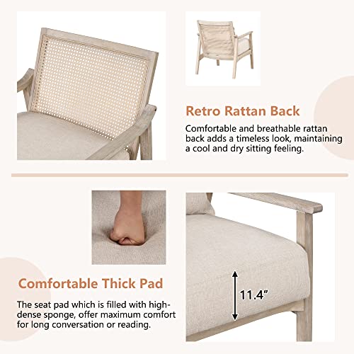 Olela Accent Chair Mid Century Linen Armchair Reading Chair With Lumbar Pillow,Retro Rattan Weave Back Upholstered Arm Chair For Living Room,Bedroom #TOP3