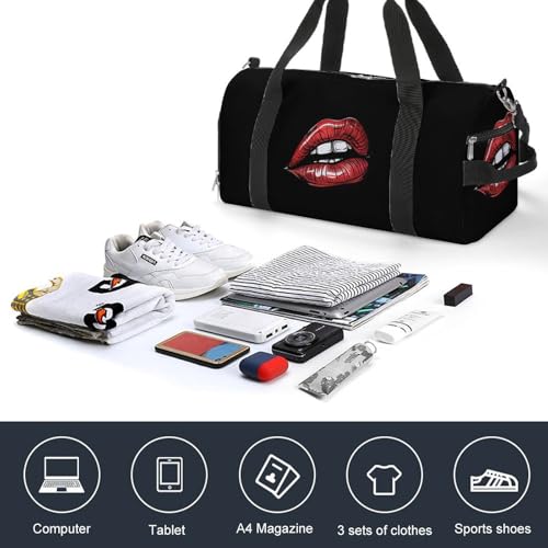 Vintage Red Lips Print Gym Bag for Women Men Lightweight Duffel Bag Travel Tote Bag Sports Bag with Shoulder Strap4