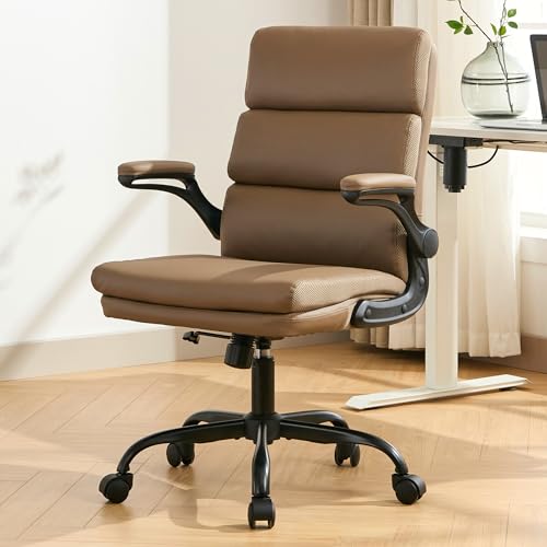 LukkDys Executive Office Chair with Flip-Up Armrests 3-Stage Lumbar Support Ergonomic Mid Back PU Leather Swivel Chair Comfy Desk Chair with Tilt & Wheels Height Adjustable for Home Office Tan
