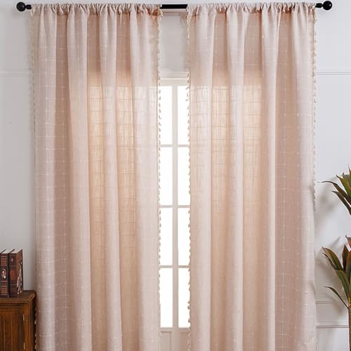 Homxi Cortina Semitranslucida 2 Piezas,2 x 132W x 214H CM,Cortina de para Ventana de Cocina Celosía con Borlas Caqui Cortinas con Bolsillo