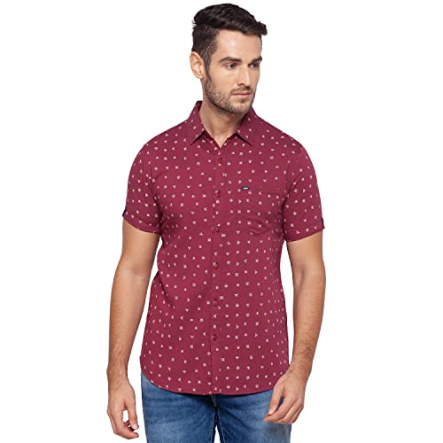 Image of Spykar Mens Cotton Coral Pink Printed Shirts