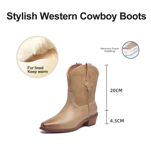 Women's Leather Western Cowboy Cowgirl Casual Ankle Boots Classic Pointed Toe Low Block Heel Dress Pull-on Mid-Calf Boots3
