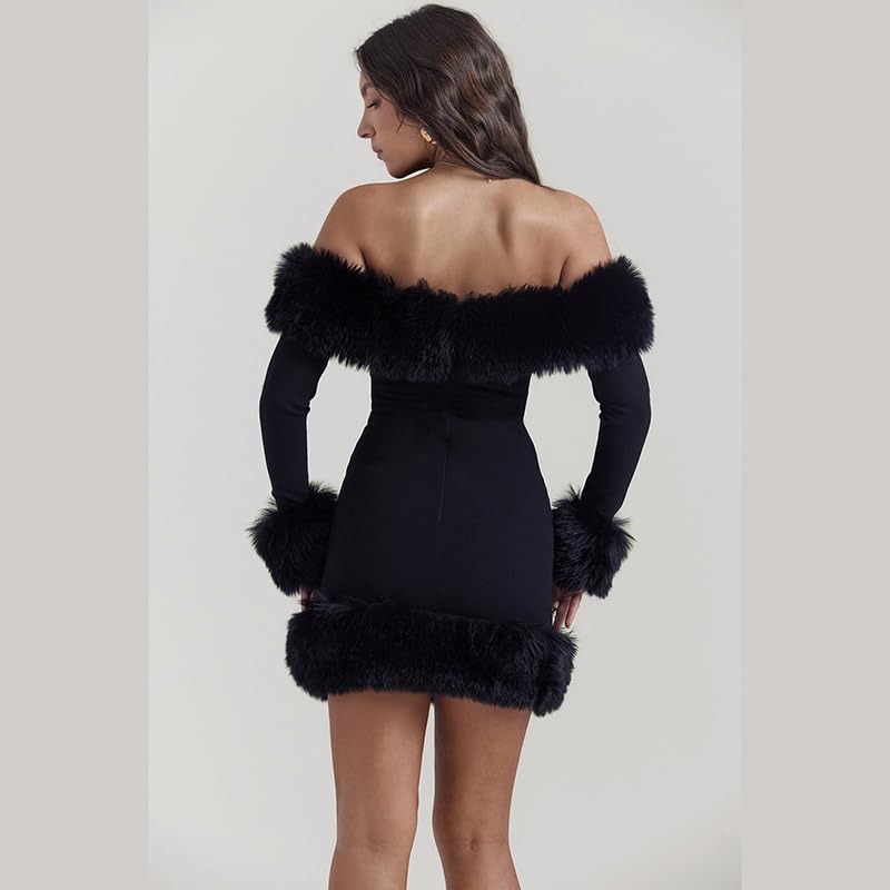 EVMILA 2023 Women's Fur Collar One Shoulder Long Sleeve Dress2