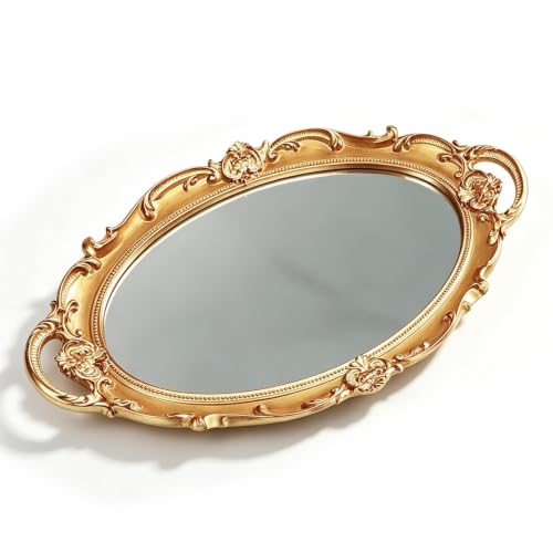 Image of Gold Tray, Decorative Tray, Perfume Tray for Vanity Makeup Organization and Jewelry Display, Elegant Gold Serving Tray for Coffee Table and Party Presentation, Round Decorative Tray 36 x 25 cm