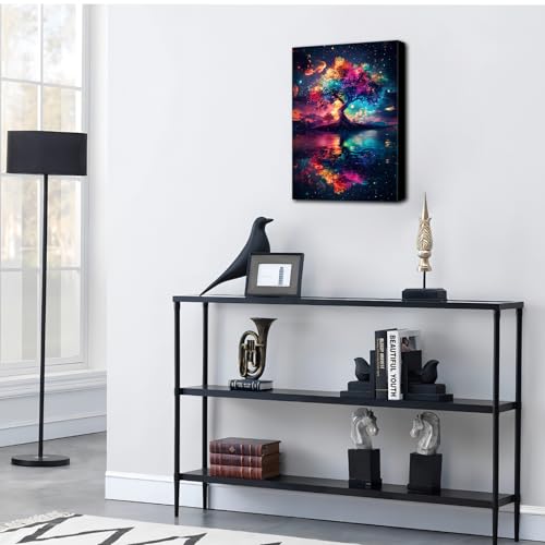 Wooden Framed Canvas Wall Art Colorful Tree of Life Canvas Print Abstract Blue Red Starry Night Scene Picture Painting Poster Home Office Corridor Living Room Bathroom Bedroom Wall Decor 30x40cm - Image 2