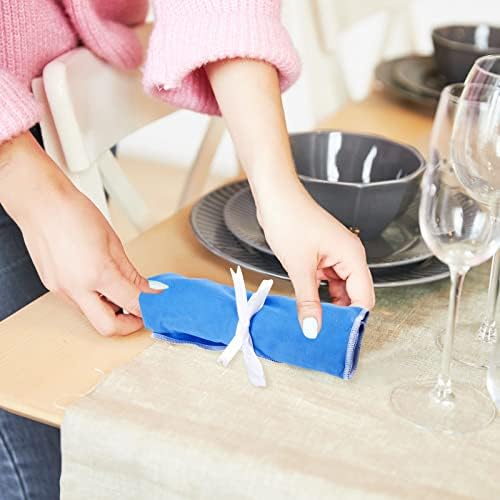 Silver Storage Bags Anti Tarnish Silver Protector Bags Blue Holder for Silverware Flatware Storage Organizer Silver Storage Cloth Place Setting Roll with White Ribbon for Teaspoon Utensils (4 Pieces)