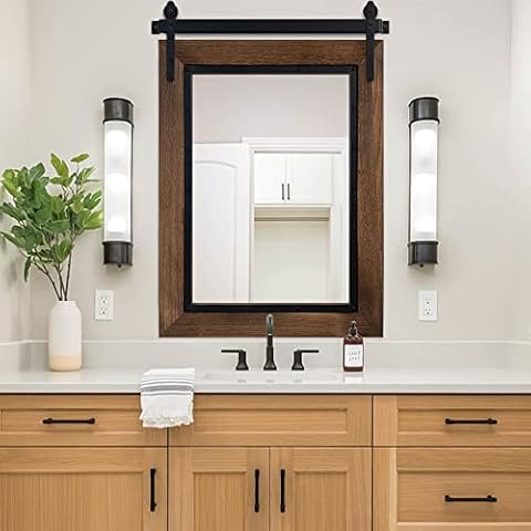 YOSHOOT Farmhouse Barn Door Mirror, 32"x24" Rustic Bathroom Mirror, Wood Frame Wall Mirror, Wooden Mirror for Living Room Bedroom Entryway Wall Décor, Vertical Hanging ONLY Cover