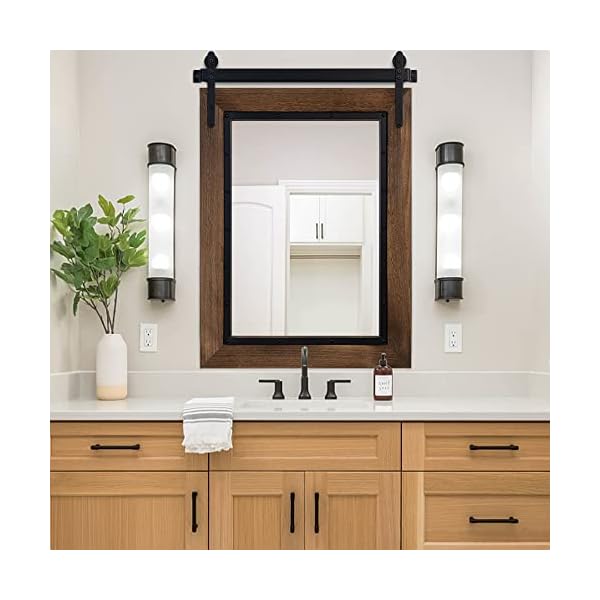 YOSHOOT Farmhouse Barn Door Mirror, 32”x24” Rustic Bathroom Mirror, Wood Frame Wall Mirror, Wooden Mirror for Living Room Bedroom Entryway Wall Décor