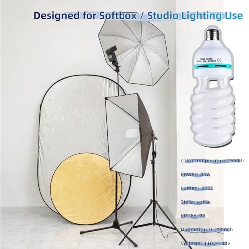 85W Light Bulb 5500K CFL Daylight Spiral Softbox Lighting Kit Bulb in E27/E26 Socket for Photography Photo Box