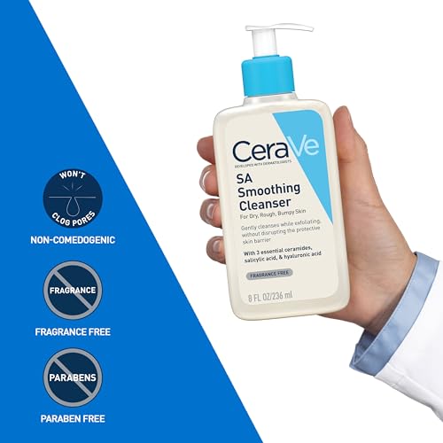 CeraVe, Gel SA Limpiador Espumoso Anti-rugosidades, Para Piel Seca, Rugosa e Irregular, Limpia Suavemente y Exfolia, Enriquecido Con Ceramidas Esenciales, Ácido Salicílico y Ácido Hialurónico, 236ml