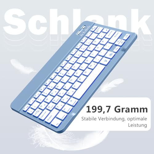 Vobafe Bluetooth Tastatur mit Telefonhalter für iOS/Android/Windows, Kabellose Tablet Tastatur für iPad/iPhone/Samsung/Laptop, Ultradünn Deutsche QWERTZ iPad Keyboard, 7 Farben Beleuchtete, Blau