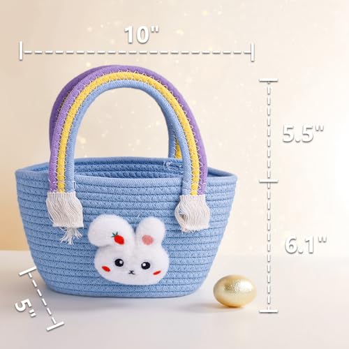 Image of Exun Bunny Basket for Kids, Cute Cotton Tote Bag Hand-Woven Handbag with Rainbow Handles, Easter Egg Hunt Basket Bags for Boys, Girls, Toddler, Babies, Easter gift basket Personalized (Blue)