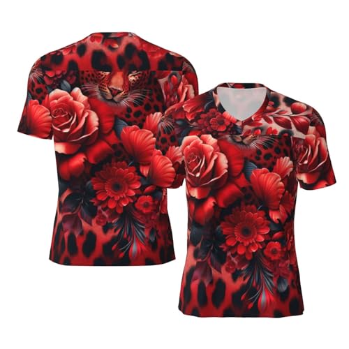 Stylish Athletic Sports Jersey Leopard-Print-Red-Flowers Men's Rugby Jersey 4X-Large