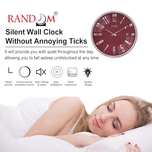 Image of RANDOM Sweep Silent Wall Clock, Non-Ticking Quartz Movement with 3D Foiling Numbers. (Burgundy)