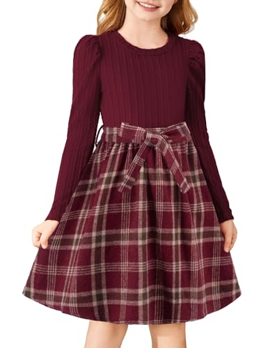 Arshiner Girls Dresses Puff Long Sleeve Rib Knit Plaid Patchwork Belted Holiday Dress with Pockets