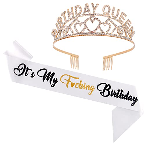 Birthday Sash & Gold Birthday Queen Rhinestone Tiara Kit, Happy Birthday sash for Women, Adult Birthday Crown Party Decorations for Women, Birthday Gifts Birthday Party Favors