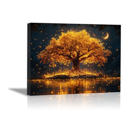 Tableau arbre doré reflet aquatique nuit paysage déco salon moderne grand format 70x100cm