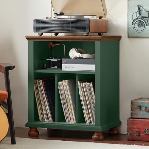 LELELINKY Plattenspieler Ständer, Plattenspieler Regal Bietet Platz für bis zu 200 Alben, Großes Holz Plattenspieler Tisch, Schallplatten Regal für Wohnzimmer, Schlafzimmer, Büro, Grünes