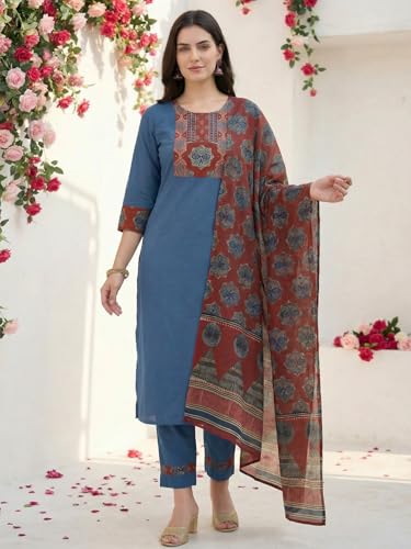 Image of INDO ERA Women's Straight Pure Cotton Floral Self Design Kurta & Pant With Dupatta Set | Kurta Sets For Woman