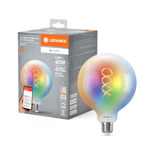 LEDVANCE Lámpara LED SMART+ MATTER, compatible con Google, Alexa, Apple, cristal blanco, 4,8W, 470lm, base E27, función RGBW y luz blanca, control por app o voz, vida útil de hasta 15.000 horas