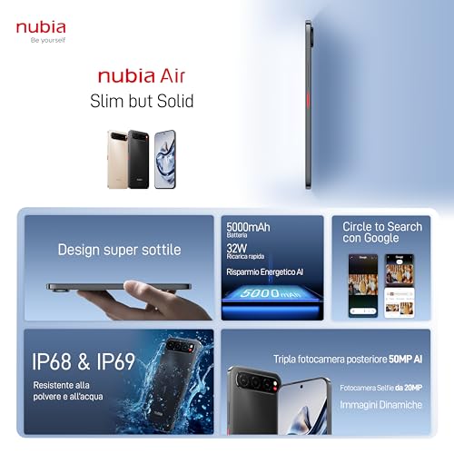 ZTE Nubia Air 8+256GB DS – Smartphone 5G Ultra-Fin Android 15, Écran AMOLED 6,78″ 1.5K 120 Hz, 8Go RAM+256Go, Triple Caméra, Batterie 5000 mAh, IP68/IP69K – Titanium Desert