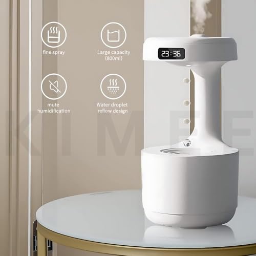 Image of KIMEE Anti-Gravity Water Drop Humidifier with LED Display, 800ML Ultrasonic Quiet Cool Mist Maker Fogger, Desktop Air Humidifier with Digital Clock for Office, Bedroom, and Living Room