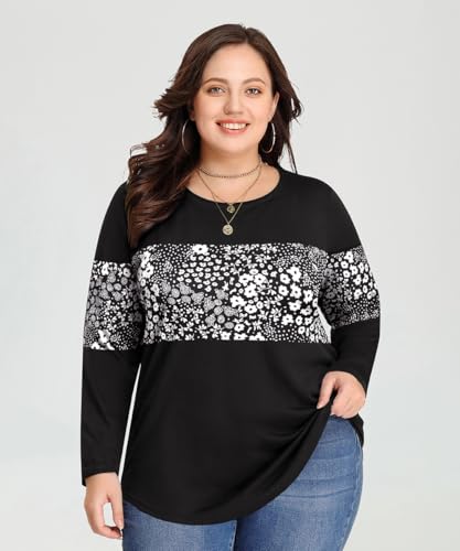 Image of CARCOS Plus Size Tops for Women Color Block Flower /Striped /Camo Crew Neck Long Sleeve Tee Shirt