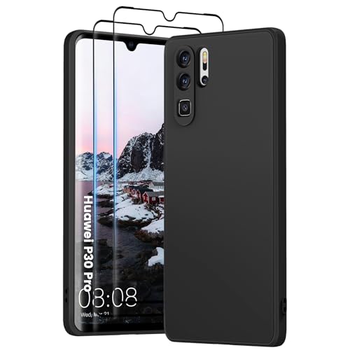 PuyaTeya 3 in 1 Hülle für Huawei p30 pro mit 2 Stück 9H Panzerglas Premium Liquid Silikon Hülle mit 4-Layer stoßfeste abriebfestes Soft Mikrofaserfutter Kratzfes Schutzhülle (Tiefschwarz)