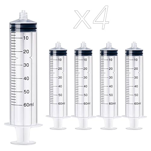 4 Pack 60ml Plastic Luer Lock Syringe, Measuring Syringe Individually Sealed for Scientific Labs, Measuring Liquids, Feeding Pets, Watering Plants, Oil or Glue Applicator (60ml, 4, Plastic)