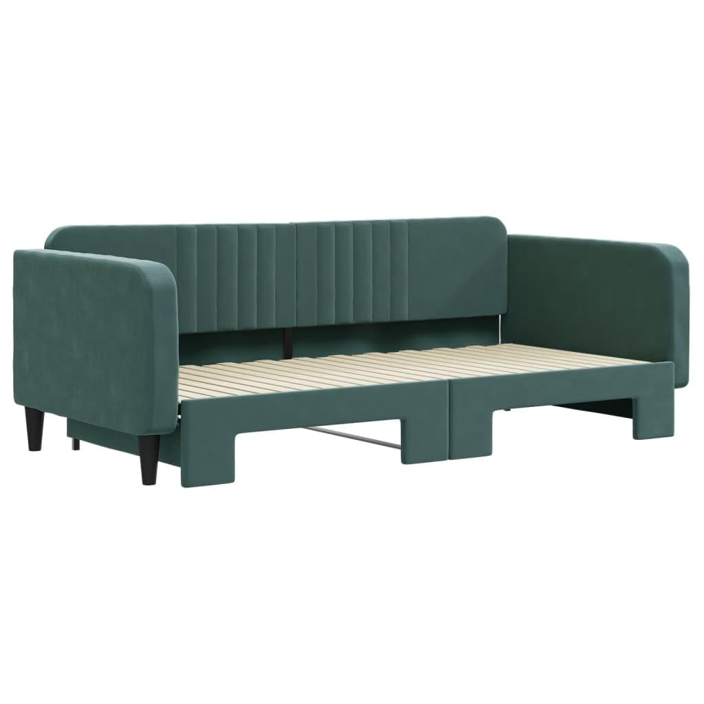 Rozkładane łóżko dzienne, ciemnozielone aksamit, 100 x 200 cm, sofa z funkcją spania 2 w 1 z wytrzymałego metalu i litego drewna, nowoczesne wzornictwo do salonu i sypialni, wszechstronne