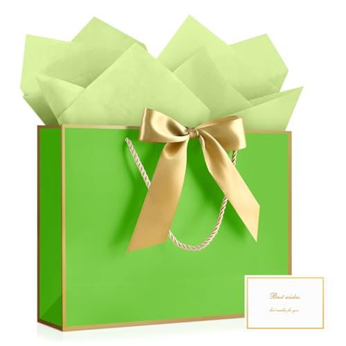 Image of JMANNI Gift Bags with Handles, 13 inch Medium Gift Bag for Presents, 1 Pcs Bags with 2 Tissue Paper and 1 Cards for Baby Shower Wedding Bridal Shower Mother's Day Birthday Party (Green-Gold