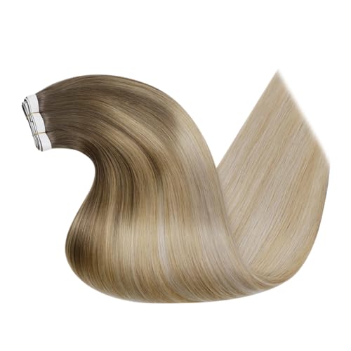 Image of LaaVoo Genius Tape in Weft Hair Extensions Invisible Tape in Hair Extensions Ombre Light Brown to Blonde Tape Weft Hiar Extension Remy Human Hair 22inch 4pcs 120g