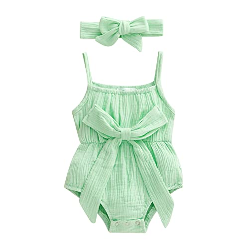Mainesaka Newborn Baby Girl Organic Cotton Bubble Romper Sleeveless Halterr Bodysuit Jumpsuit With Bowknot One-Piece Clothes (Green, 6-9 Months) #TOP29